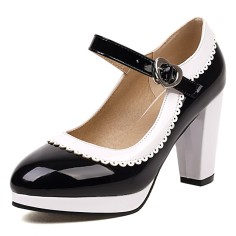 Round Toe Chunky Heels Lolita Vintage Mary Janes Heart Straps Platforms Pumps - Black