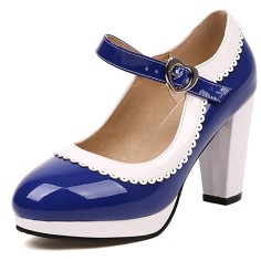 Round Toe Chunky Heels Lolita Vintage Mary Janes Heart Straps Platforms Pumps - Royal Blue