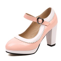 Round Toe Chunky Heels Lolita Vintage Mary Janes Heart Straps Platforms Pumps - Pink