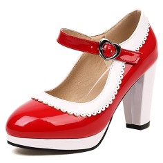 Round Toe Chunky Heels Lolita Vintage Mary Janes Heart Straps Platforms Pumps - Red