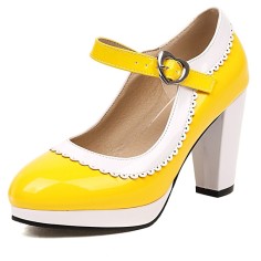 Round Toe Chunky Heels Lolita Vintage Mary Janes Heart Straps Platforms Pumps - Yellow