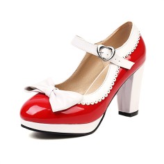 Round Toe Cute Bow-tied Chunky Heels Lolita Vintage Mary Janes Heart Straps Platforms Pumps - Red