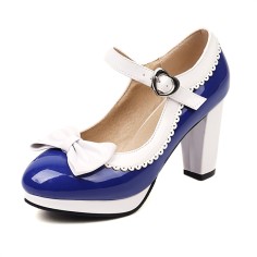 Round Toe Cute Bow-tied Chunky Heels Lolita Vintage Mary Janes Heart Straps Platforms Pumps - Royal Blue