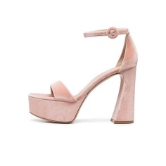 Peep Toe Chunky Heels Velvet Ankle Straps Platforms Sandals Pumps - Pink