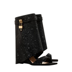 Peep Toe Rhinestones Ankle Highs Wedges Summer Boots with Zipper - Black