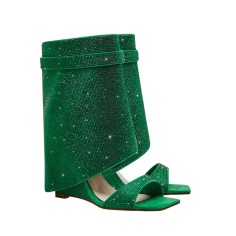 Peep Toe Rhinestones Ankle Highs Wedges Summer Boots with Zipper - Green