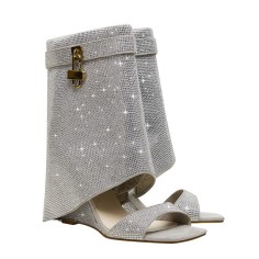 Peep Toe Rhinestones Ankle Highs Wedges Summer Boots with Zipper - Silver