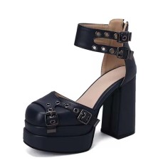 Round Toe Chunky Heels Bat Ankle Buckle Straps Pumps - Blue Faux Leather