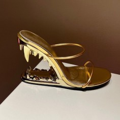 Peep Toe Monster Tiger Tooth Strange Heels Summer Sandals Slippers - Gold