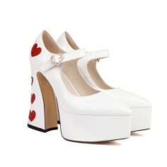 Pointed Toe Chunky Heels Hearts Patchwork Mary Janes Pumps - White