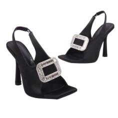 Square Peep Toe Stiletto Heels Metal Decorative Fish Mouth Sandals - Black