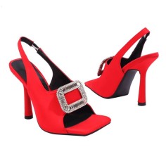 Square Peep Toe Stiletto Heels Metal Decorative Fish Mouth Sandals - Red