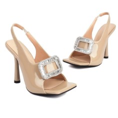 Square Peep Toe Stiletto Heels Metal Decorative Fish Mouth Sandals - Apricot Tan
