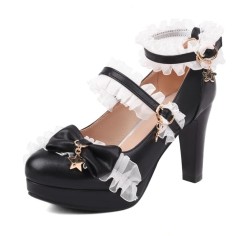 Round Toe Chunky Heels Butterfly Knot Shallow French Maid Costumes Mary Janes 7-14 Age Kids Shoes - Black