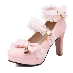 Round Toe Chunky Heels Butterfly Knot Shallow French Maid Costumes Mary Janes 7-14 Age Kids Shoes - Pink Faux Leather