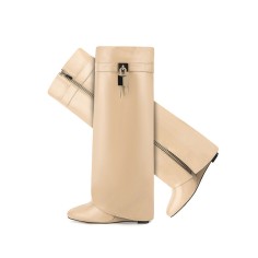 Round Toe Knee Highs Wedges Lock Decorated Side Zipper Fashion Rain Boots - Apricot
