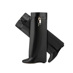 Round Toe Knee Highs Wedges Lock Decorated Side Zipper Fashion Rain Boots - Black