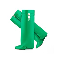 Round Toe Knee Highs Wedges Lock Decorated Side Zipper Fashion Rain Boots - Green