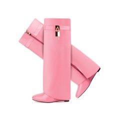 Round Toe Knee Highs Wedges Lock Decorated Side Zipper Fashion Rain Boots - Pink