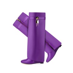 Round Toe Knee Highs Wedges Lock Decorated Side Zipper Fashion Rain Boots - Purple
