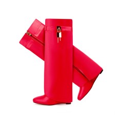 Round Toe Knee Highs Wedges Lock Decorated Side Zipper Fashion Rain Boots - Red