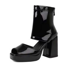 Square Open Toe Back Zipper Low Platforms Chunky Heels Breathable Summer Boots - Black Patent