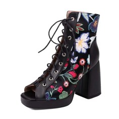 Square Open Toe Lace Up Ankle Highs Chunky Heels Flower Print Sandals - Black Faux Leather