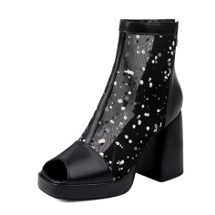 Peep Toe Tulle Mesh Ankle Highs Chunky Heels Low Platforms Boots - Black Faux Leather