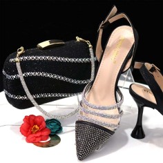 Pointed Toe Rhinestones Glitters Point Heels Slingback Sandals with Bag  - Black Faux Leather