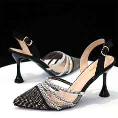 Pointed Toe Rhinestones Glitters Point Heels Slingback Sandals - Black Faux Leather