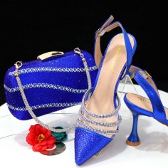 Pointed Toe Rhinestones Glitters Point Heels Slingback Sandals with Bag  - Blue Faux Leather