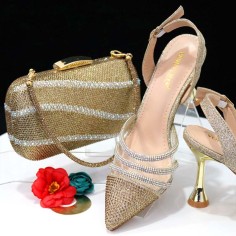 Pointed Toe Rhinestones Glitters Point Heels Slingback Sandals with Bag  - Gold Faux Leather