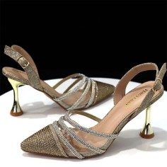 Pointed Toe Rhinestones Glitters Point Heels Slingback Sandals - Gold Faux Leather