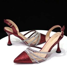 Pointed Toe Rhinestones Glitters Point Heels Slingback Sandals - Wine Faux Leather