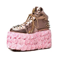 Round Toe Rose Platforms Flats Lace Up Sneakers - Gold Faux Leather