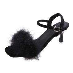 Peep Toe Kitten Heels Ankle Buckle Straps Sexy Feather Sandals - Black Flock
