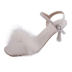 Peep Toe Kitten Heels Ankle Buckle Straps Sexy Feather Sandals - White Faux Leather