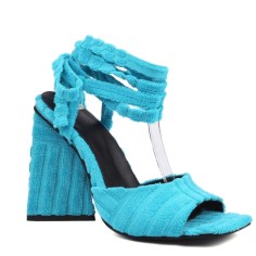 Chunky Heels Peep Toe Velvet Band Straps Summer Sandals - Blue