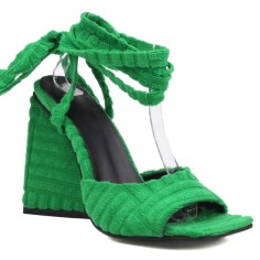 Chunky Heels Peep Toe Velvet Band Straps Summer Sandals - Green
