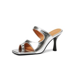 Peep Square Toe Kitten Heels Wrapped Slippers Sandals - Silver