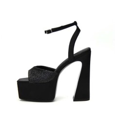 Square Open Toe Chunky Heels Ankle Buckle Straps Platforms Keren Sandals - Black Microfiber
