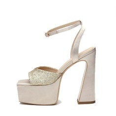 Square Open Toe Chunky Heels Ankle Buckle Straps Platforms Keren Sandals - Champagne Microfiber