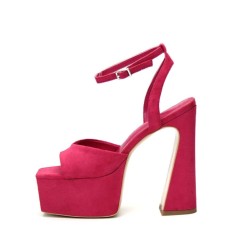 Square Open Toe Chunky Heels Ankle Buckle Straps Platforms Keren Sandals - Red Microfiber