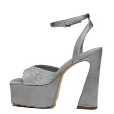 Square Open Toe Chunky Heels Ankle Buckle Straps Platforms Keren Sandals - Silver Gray Microfiber