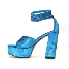 Square Open Toe Chunky Heels Ankle Buckle Glitters Straps Platforms Keren Sandals - Blue Flock