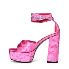Square Open Toe Chunky Heels Ankle Buckle Glitters Straps Platforms Keren Sandals - Rose Flock