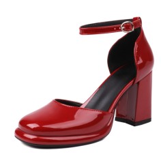 Round Toe Chunky Heels Classic Dorsay Ankle Straps Dress Pumps - Red