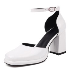 Round Toe Chunky Heels Classic Dorsay Ankle Straps Dress Pumps - White