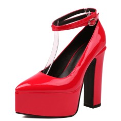 Pointed Toe Chunky Heels Platforms Ankle Buckle Gladiator Straps Pumps - Red