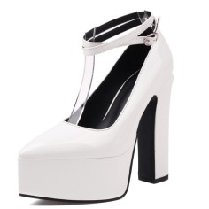 Pointed Toe Chunky Heels Platforms Ankle Buckle Gladiator Straps Pumps - White